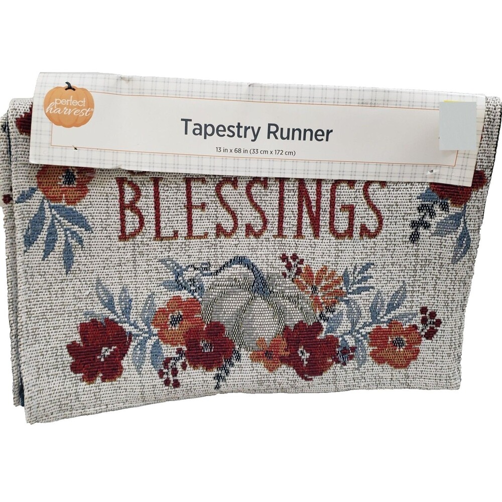 Long Tapestry Table Runner,13"x68", PUMPKIN & FLOWERS,FALL HARVEST BLESSINGS, DG